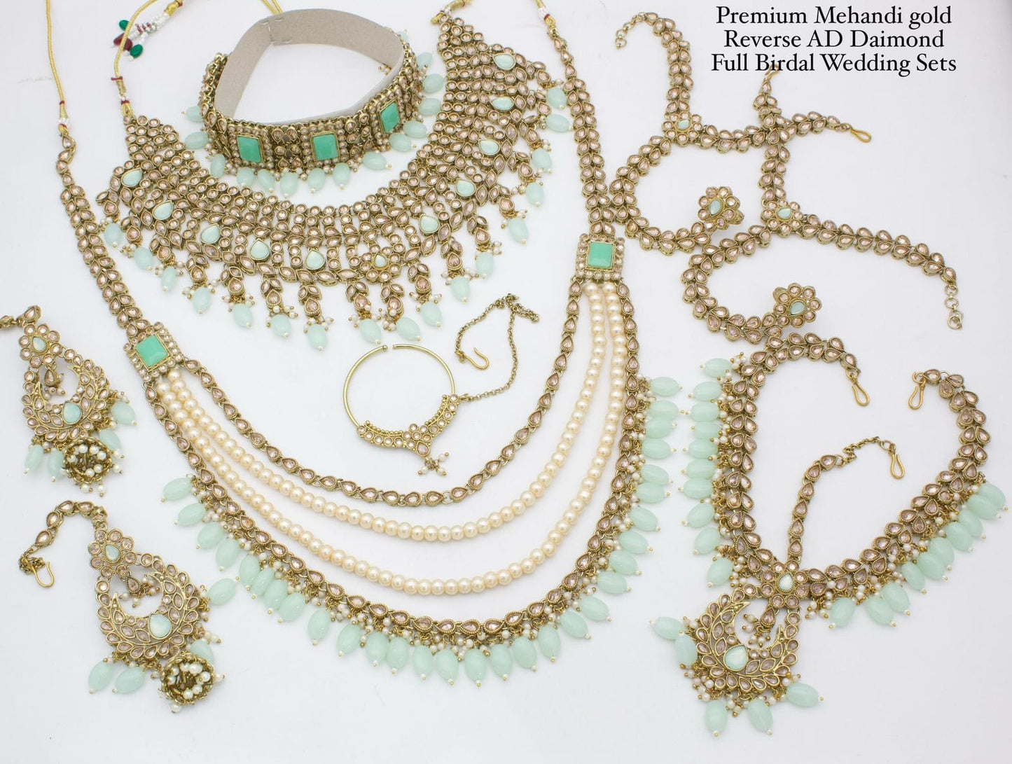 Ethnic Splendor Jewels Bridal Jewelry Set Mint Green Monzonite Heavy Bridal Set | Indian Wedding Jewelry