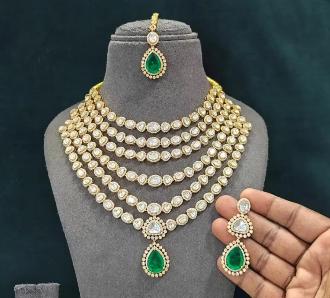 6 Layer Long Polki Necklace Set with Earrings & Maang Tikka