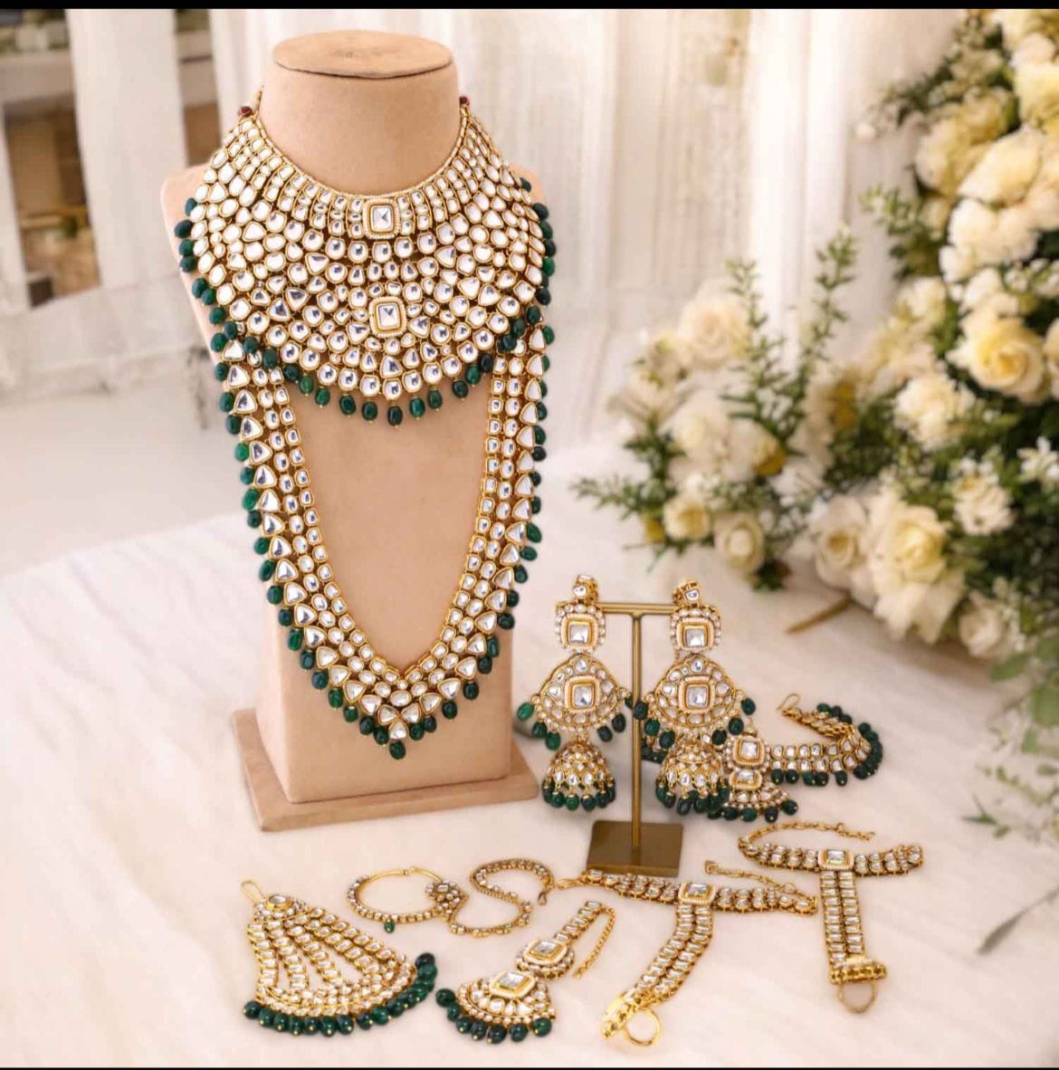 the Zevar Bridal Choker Jewellery Set green Complete Heavy Indian Bridal Jewelry Set with Clear Stones and Pearl Drops
