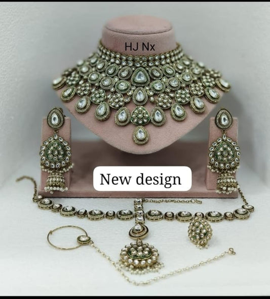 the Zevar Bridal Choker Jewellery Set Royal Kundan & Polki Bridal Jewelry Set with Emerald-Green Accents and Pearl Drops