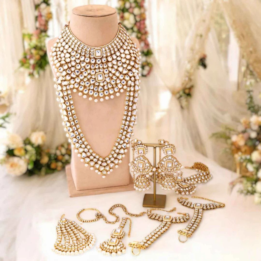 the Zevar Bridal Choker Jewellery Set white Complete Heavy Indian Bridal Jewelry Set with Clear Stones and Pearl Drops