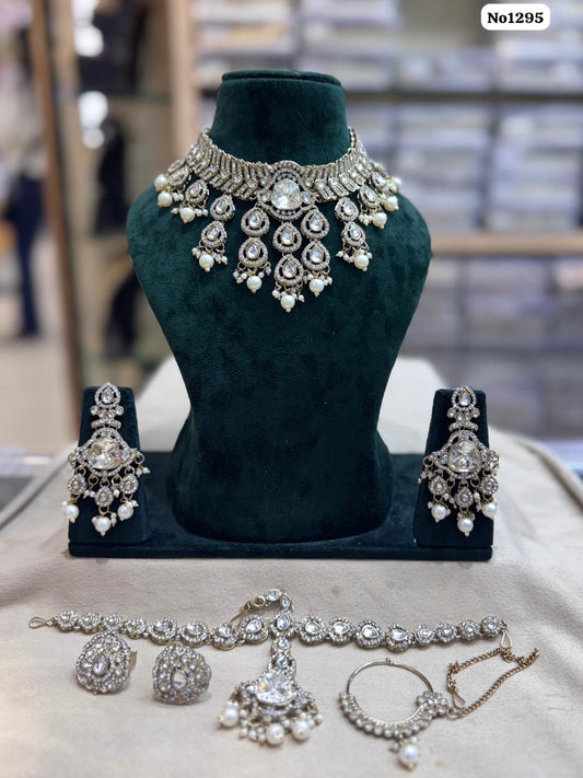 the Zevar Bridal Jewellery Set White Emerald Elegance Bridal Jewelry Set with Kundan Detailing