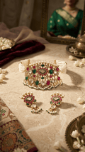 the Zevar choker necklace Exquisite Jadau Kundan Choker Set with Multi-Strand Pearl Band, Ruby-Emerald Accents, and Matching Drop Earrings