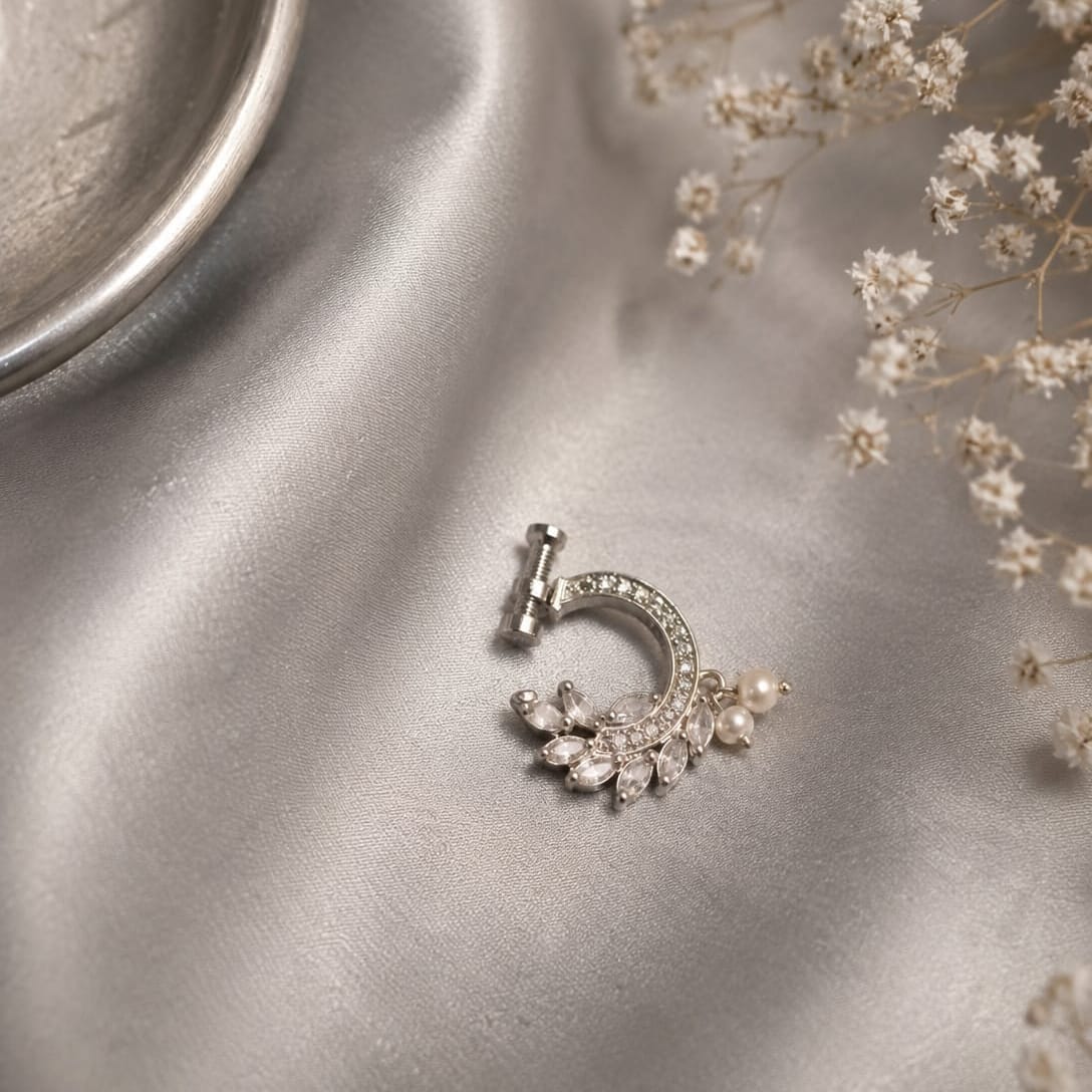 the Zevar Cz nose Ring Silver Finish CZ Floral Non-Piercing Nose Ring with Pearl Drops