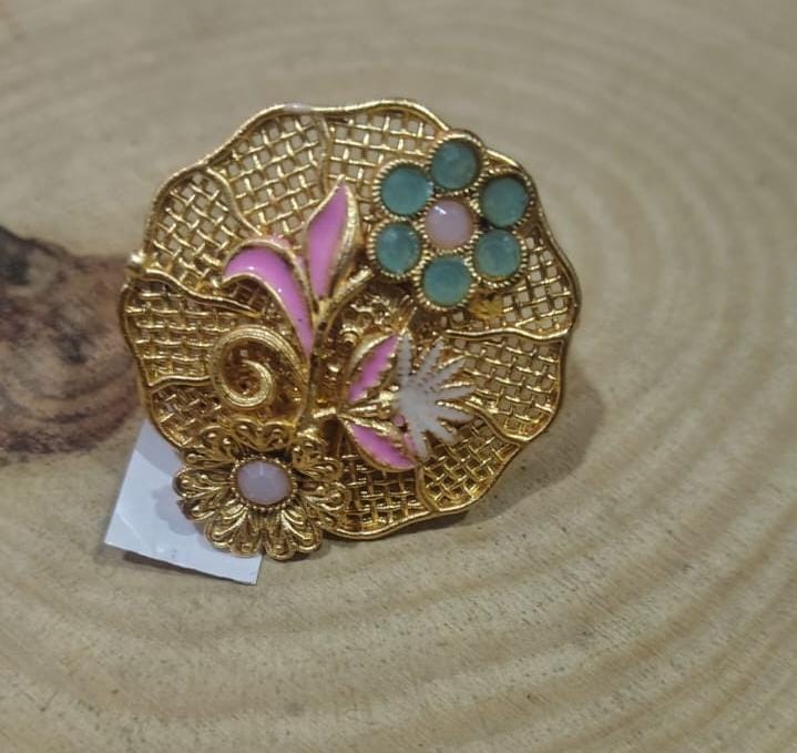 the Zevar Gold plated ring Pastel Floral Enamel Cocktail Ring | Gold Mesh Handcrafted Statement Ring