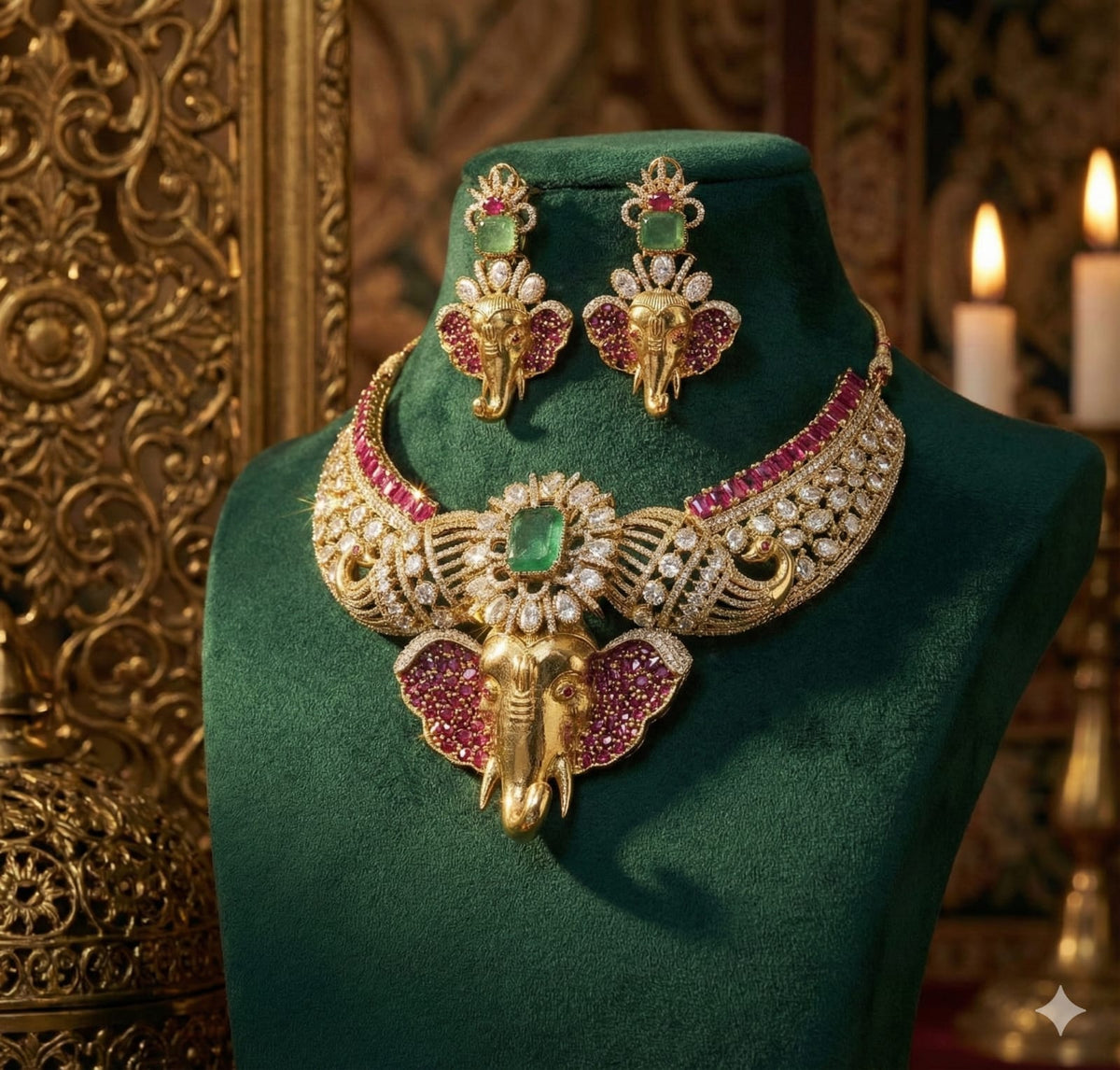 The Zevar Jewellery Bridal Jewelry Set Royal Kundan Ganesha Emerald Bridal Necklace Set