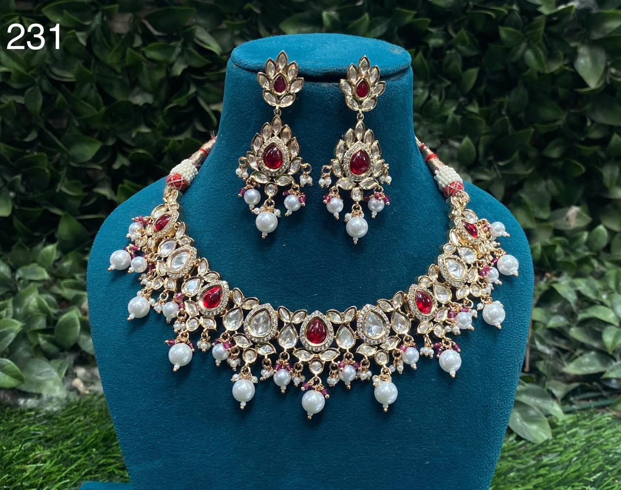 The Zevar Jewellery royal kundan bridal necklace set Brass / Red Royal Kundan Pearl Bridal Necklace Set (Pure Brass)