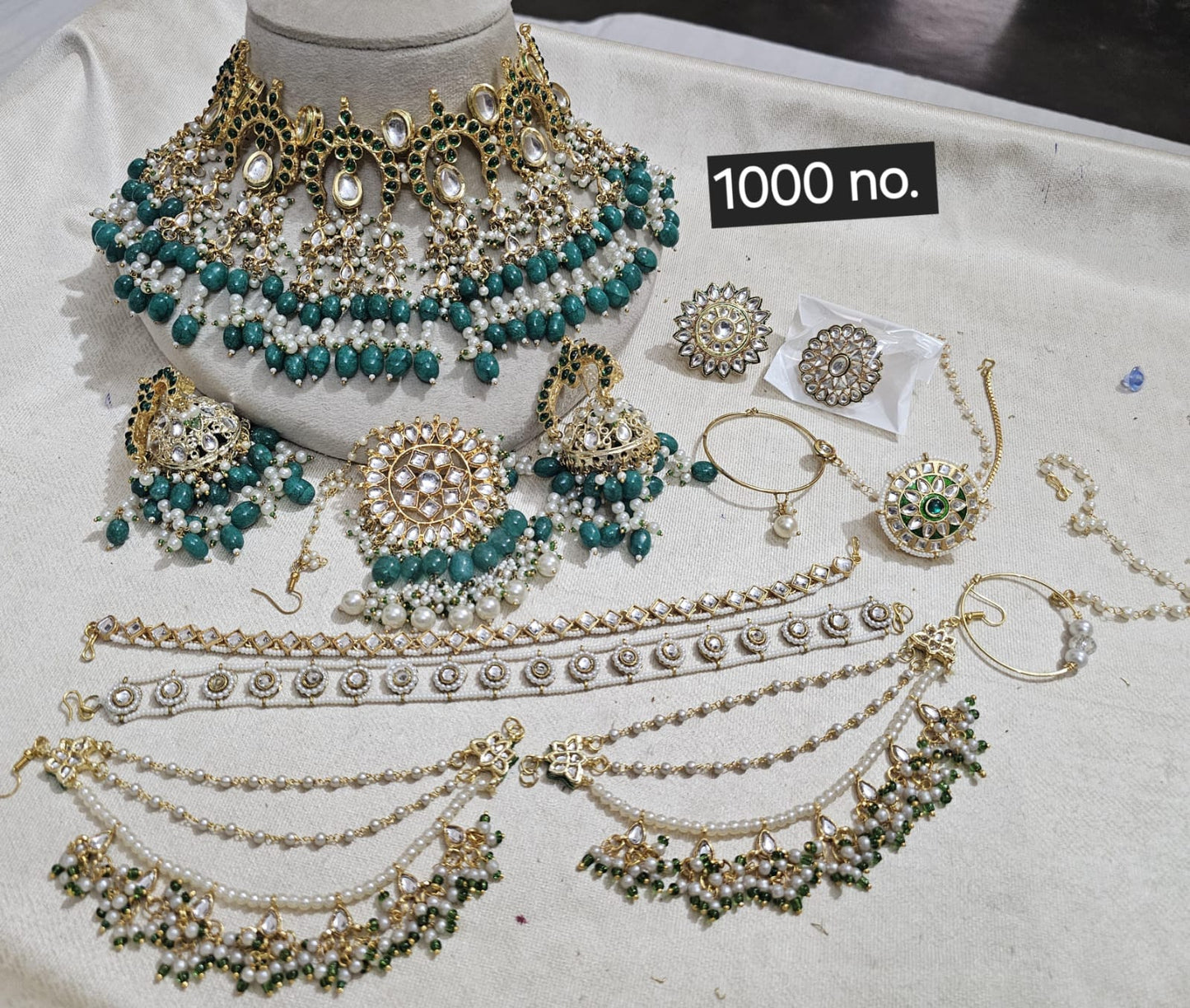the Zevar Kundan Bridal Necklace Set Royal Emerald & Pearl Kundan Bridal Jewelry Set with Choker