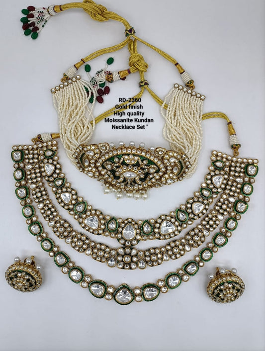 the Zevar Kundan Bridal Necklace Set Royal Gold Finish Moissanite Kundan Bridal Necklace Set with Pearl Strings
