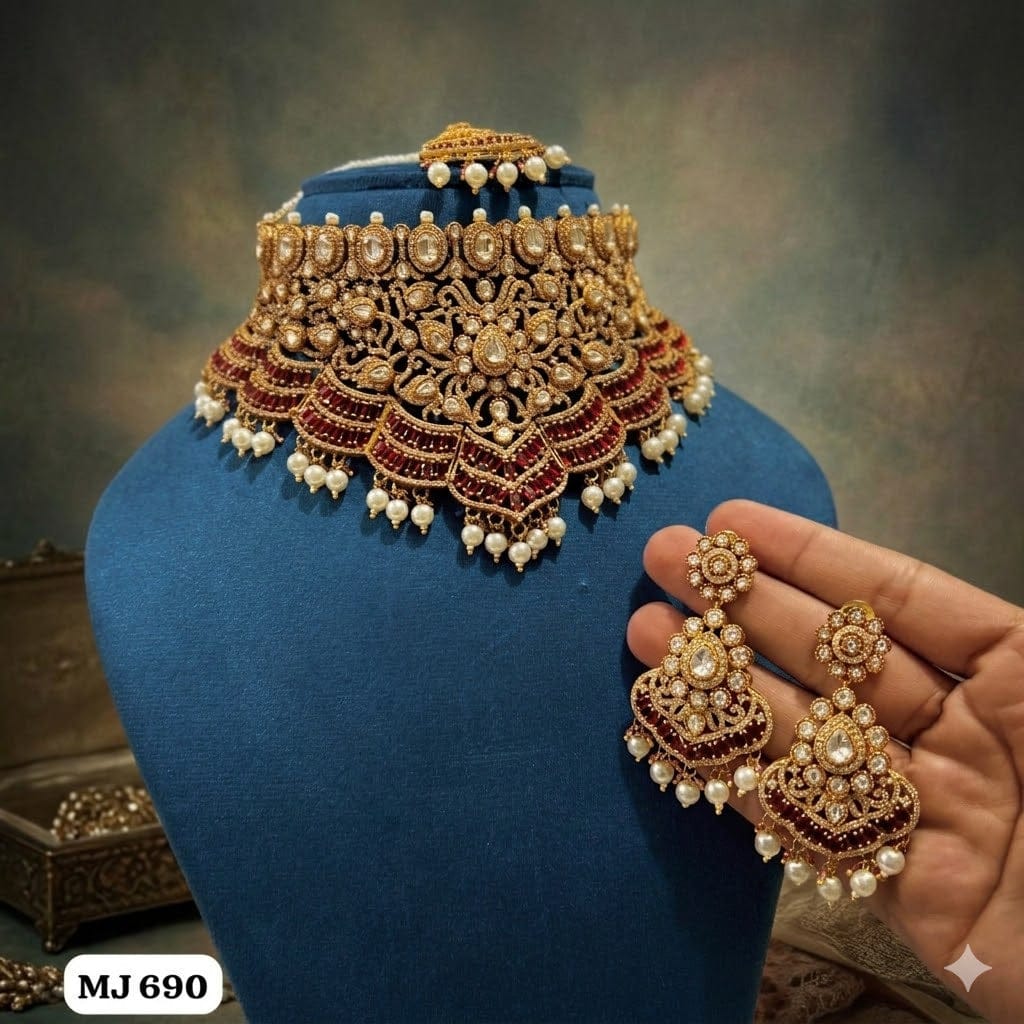 the Zevar Kundan & Pearl Choker Necklace Set Royal Kundan Emerald Ruby Pearl Bridal Choker Necklace Set with Earrings and Maang Tikka