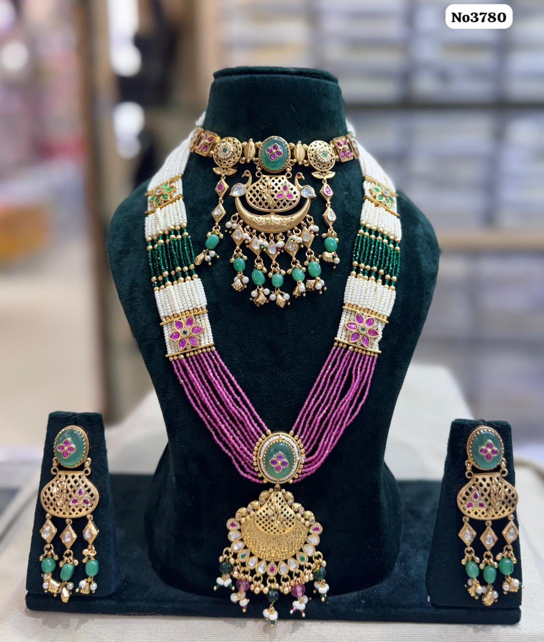 the Zevar long necklace pink Royal Layered Bridal Kundan Set – Choker & Long Rani Haar with Faux Emeralds and Rubies