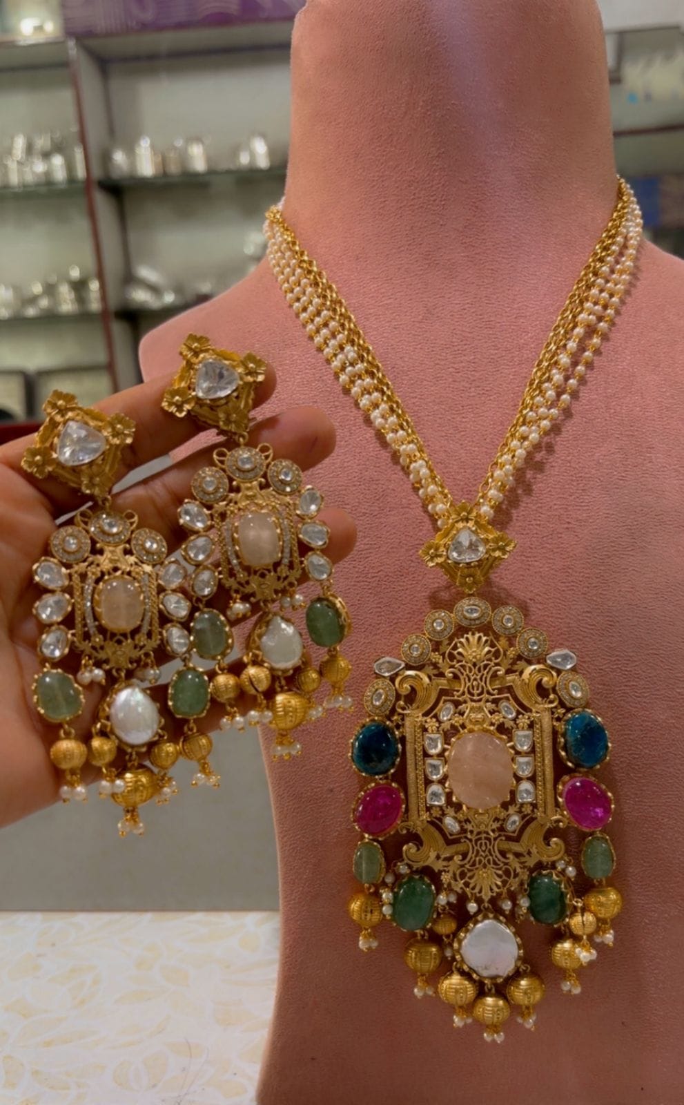 the Zevar Long Necklace Set With Matching Earring Grand Antique Gold Faux Polki Long Necklace Set with Oversized Pendant & Pearls