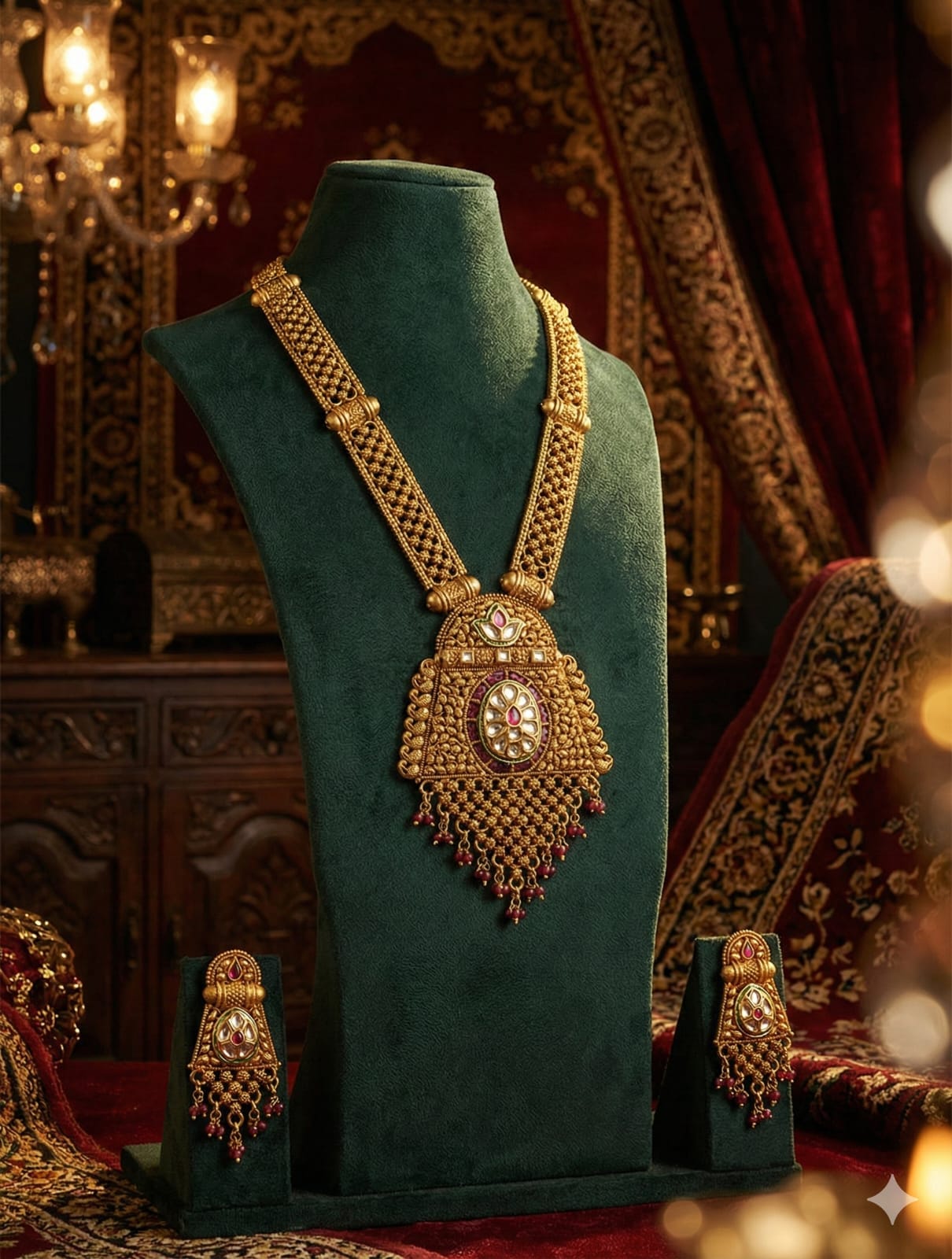the Zevar Long Necklace Set With Matching Earring Royal Antique Kundan Gold-Tone Long Necklace Set with Matching Earrings