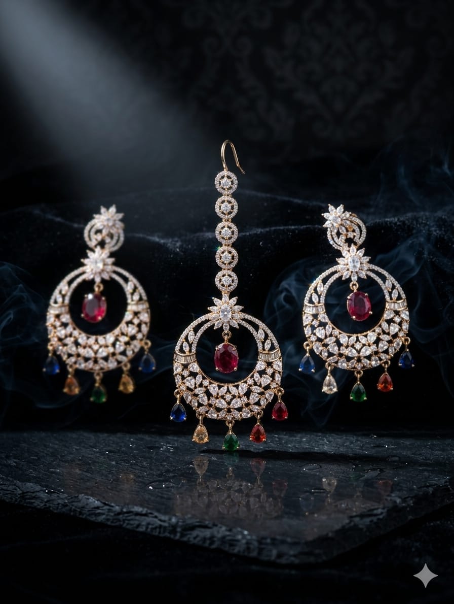 the Zevar Mangtika and earring The Royal Choice: Navratna-Inspired Maang Tikka & Earring Bridal Set
