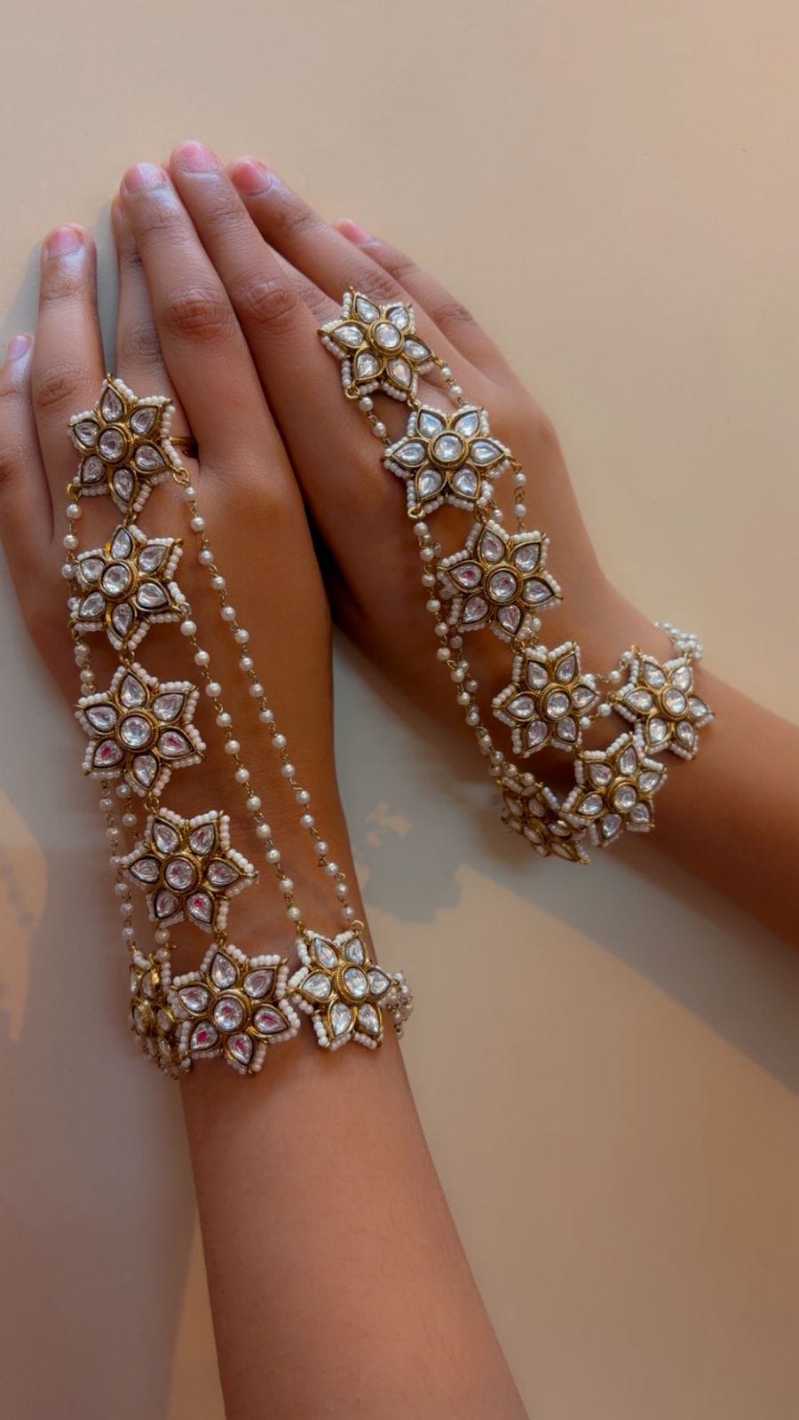 the Zevar Pearl Hathphool Set Traditional Floral Kundan & Pearl Hathphool Set