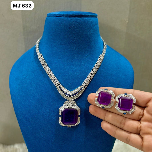 the Zevar pendant necklace set With Matching Stud Earrings dark blue Luxury Square-Cut Statement Pendant Necklace Set with Matching Stud Earrings