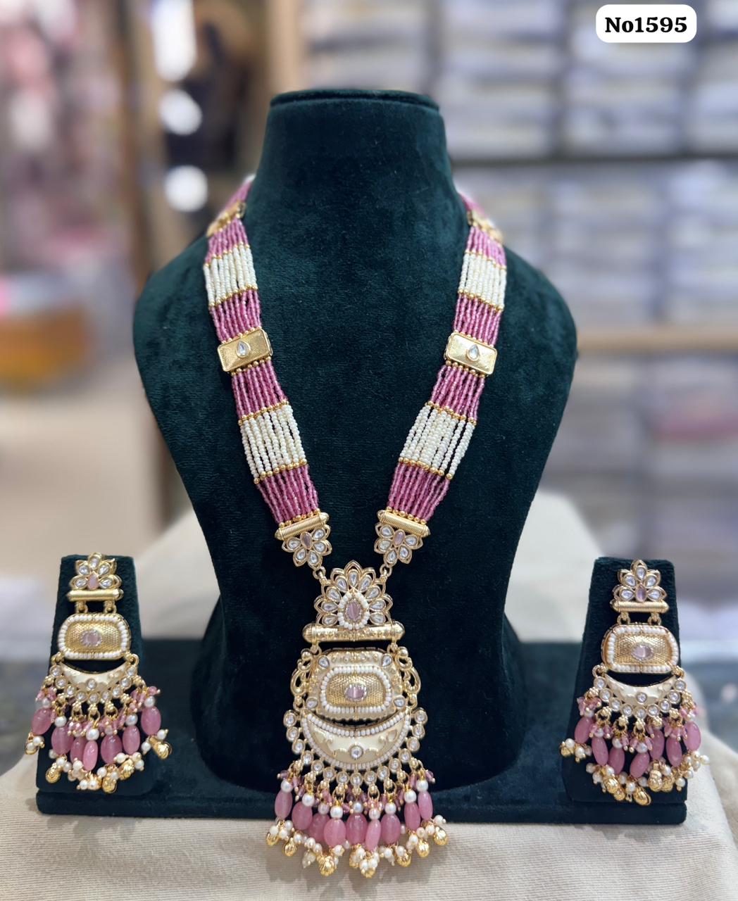 the Zevar pendant necklace set With Matching Stud Earrings pink The Zevar Signature Tricolor Beaded Mala with Statement Pendant
