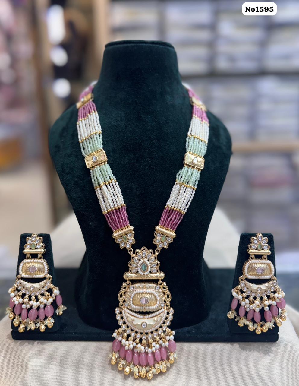 the Zevar pendant necklace set With Matching Stud Earrings The Zevar Signature Tricolor Beaded Mala with Statement Pendant