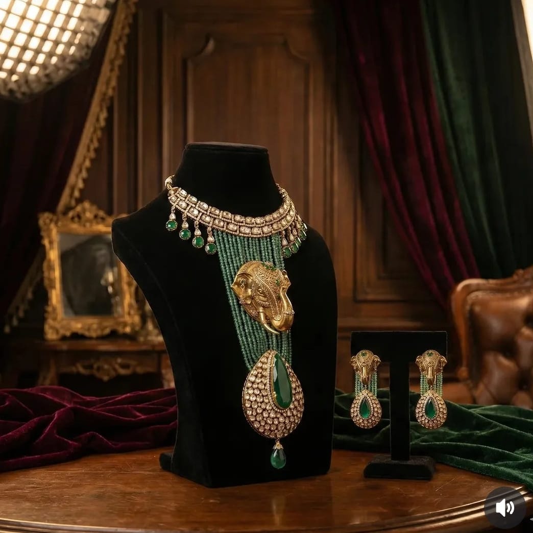 the Zevar Pulki Kundan Necklace Set Majestic Faux Polki Kundan & Green Bead Elephant Necklace Set