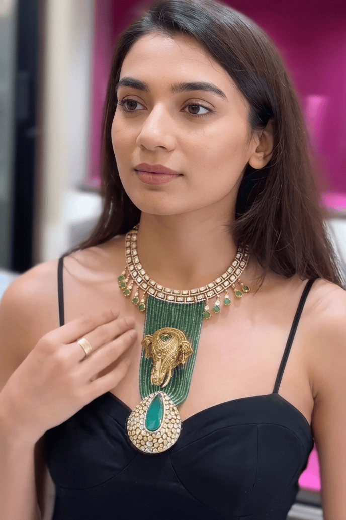 the Zevar Pulki Kundan Necklace Set Majestic Faux Polki Kundan & Green Bead Elephant Necklace Set