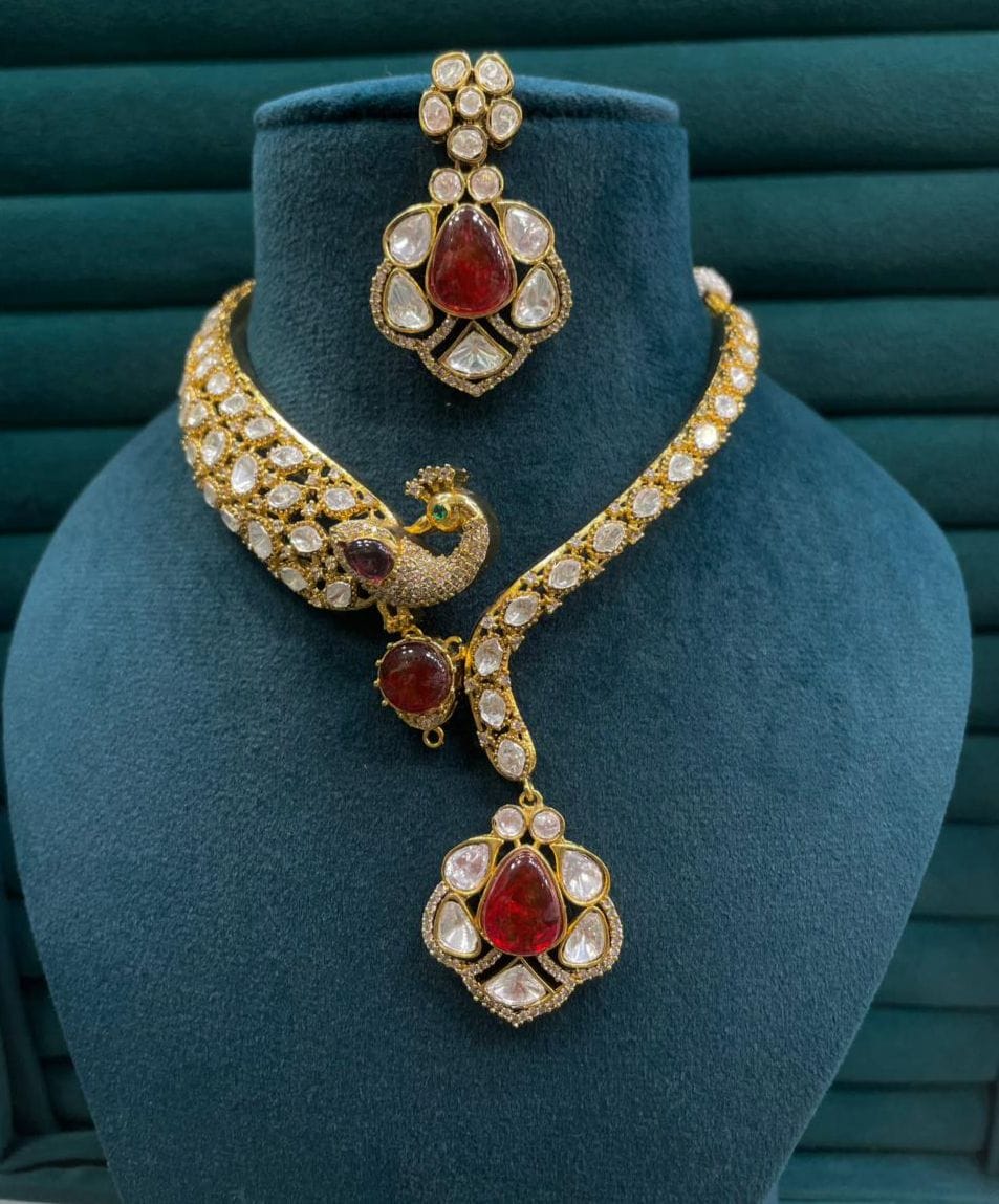 the Zevar Pulki Kundan Necklace Set Maroon The Mayura Hasli: Royal Polki & Pastel Pink Fusion Set