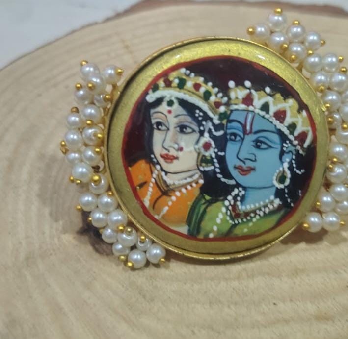 the Zevar Ring Radha Krishna Miniature Art Pearl Statement Ring