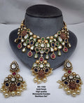 the Zevar royal kundan bridal necklace set Royal Gold Finish Moissanite Kundan Bridal Necklace Set with Pearl Drop Earrings