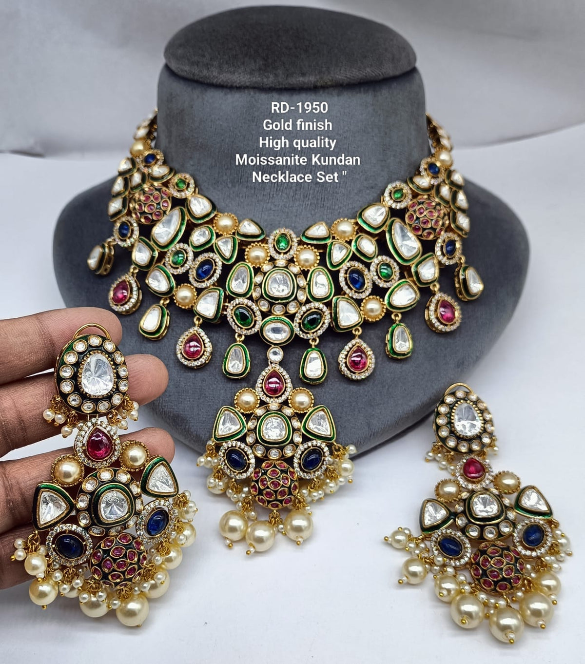 the Zevar royal kundan bridal necklace set Royal Gold Finish Moissanite Kundan Bridal Necklace Set with Pearl Drop Earrings