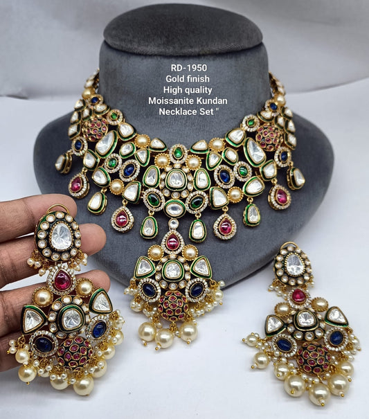 the Zevar royal kundan bridal necklace set Royal Gold Finish Moissanite Kundan Bridal Necklace Set with Pearl Drop Earrings