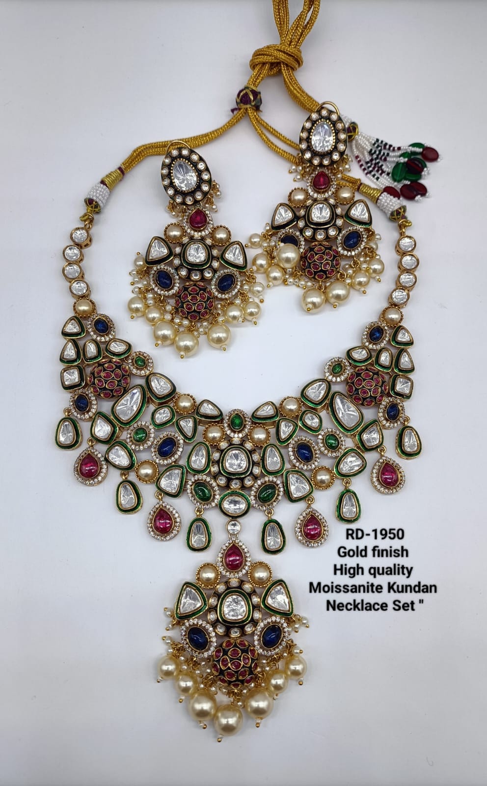 the Zevar royal kundan bridal necklace set Royal Gold Finish Moissanite Kundan Bridal Necklace Set with Pearl Drop Earrings