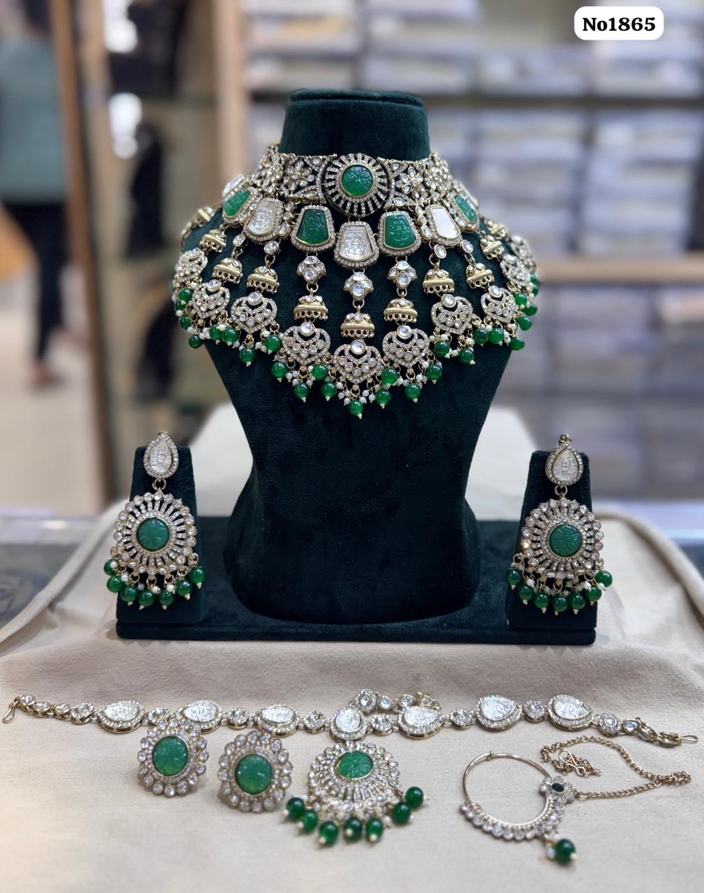 the Zevar Semi Bridal Jewelry Set Dark Green Complete Heavy Semi Indian Bridal Jewelry Set with Clear Stones and Faux Pearls