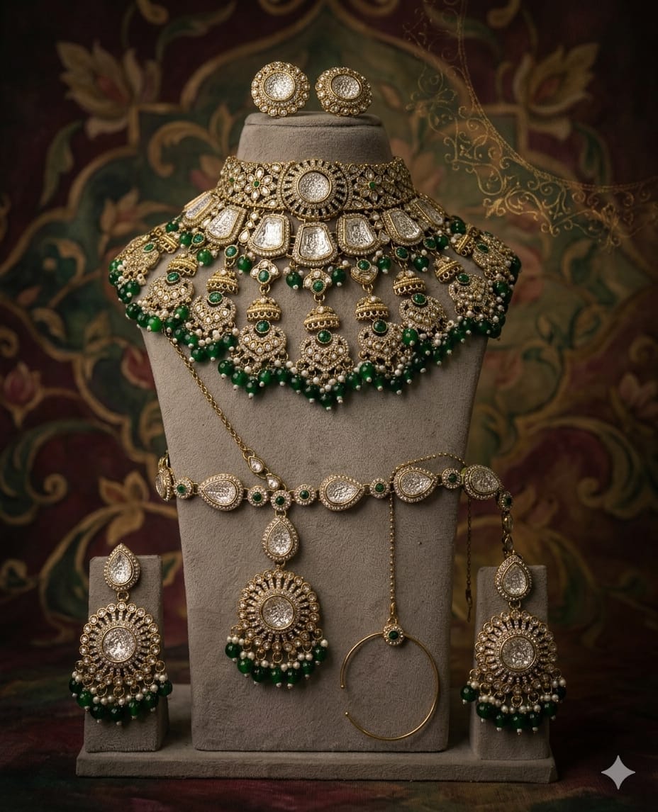 the Zevar Semi Bridal Jewelry Set Heavy Antique Kundan Semi Bridal Choker Set with Emerald Green Drops & Matha Patti
