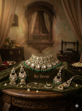the Zevar Semi Bridal Jewelry Set Heavy Faux Polki Semi Bridal Choker Set with Triangular Kundan & Emerald Green Drops