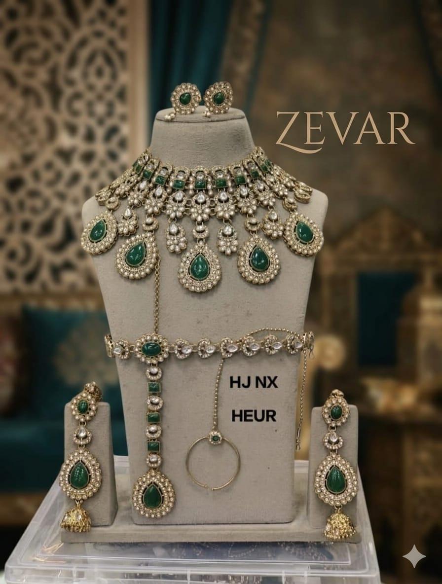 the Zevar Semi Bridal Jewelry Set Majestic Emerald Teardrop Semi Bridal Set – Full Wedding Collection with Scalloped Choker