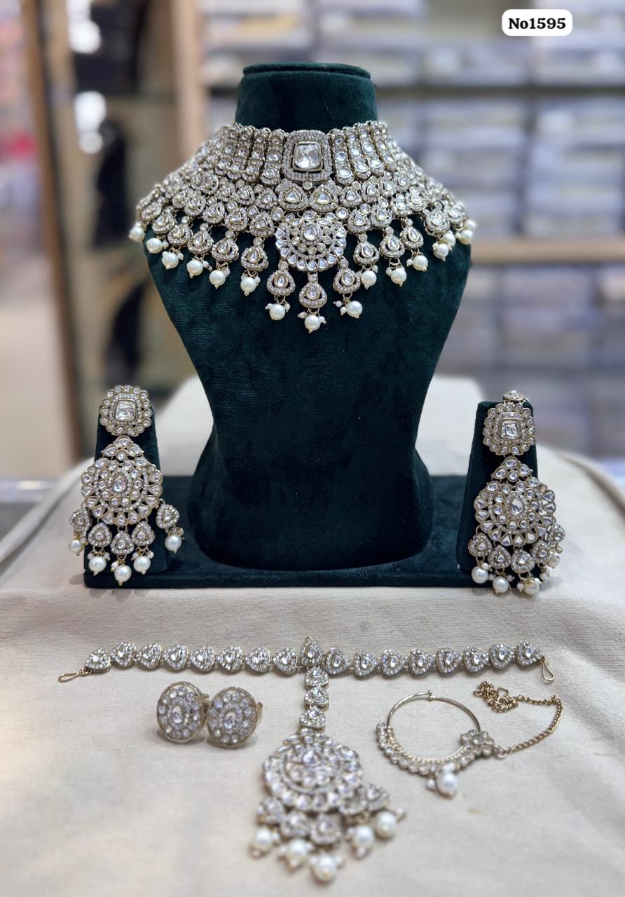 the Zevar Semi Bridal Jewelry Set White Complete Indian Semi Bridal Jewelry Set with Green Drops and Clear Stones