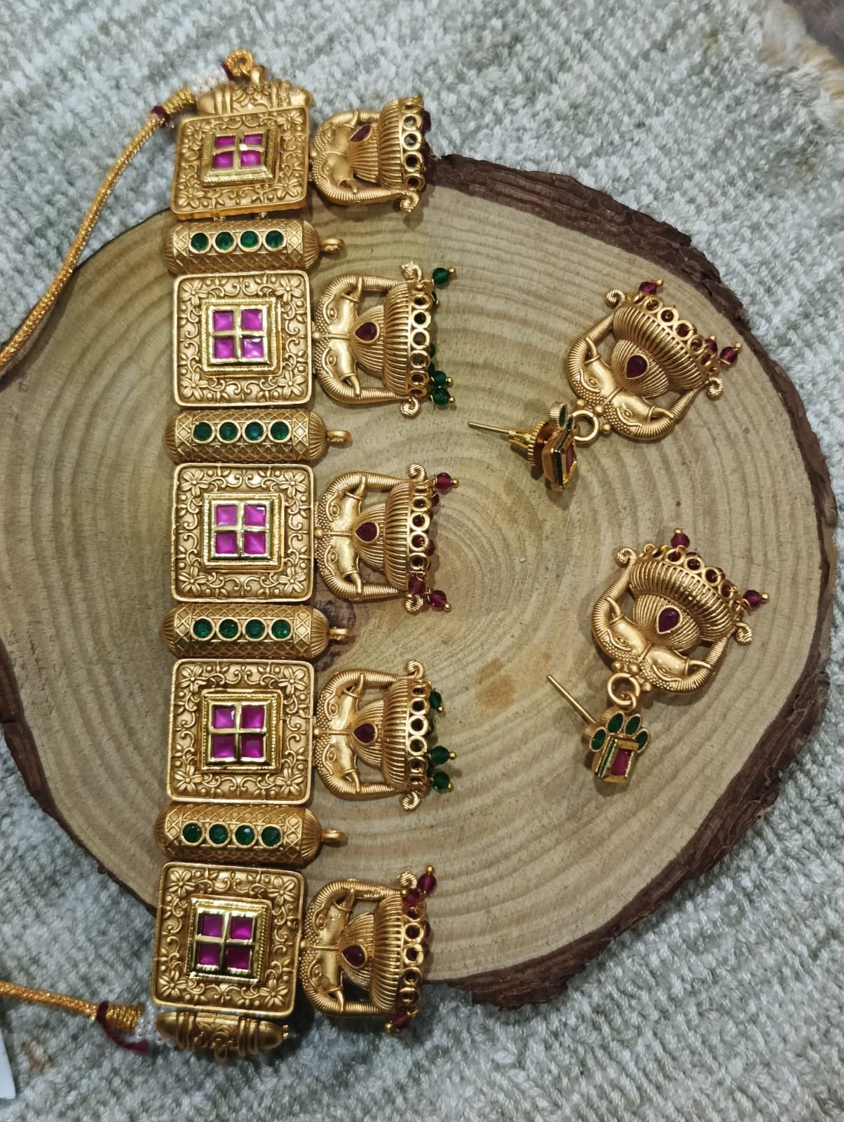 the Zevar Temple Jewellery Set Zevar Antique Gold Temple Choker Set with Ruby & Emerald Tones