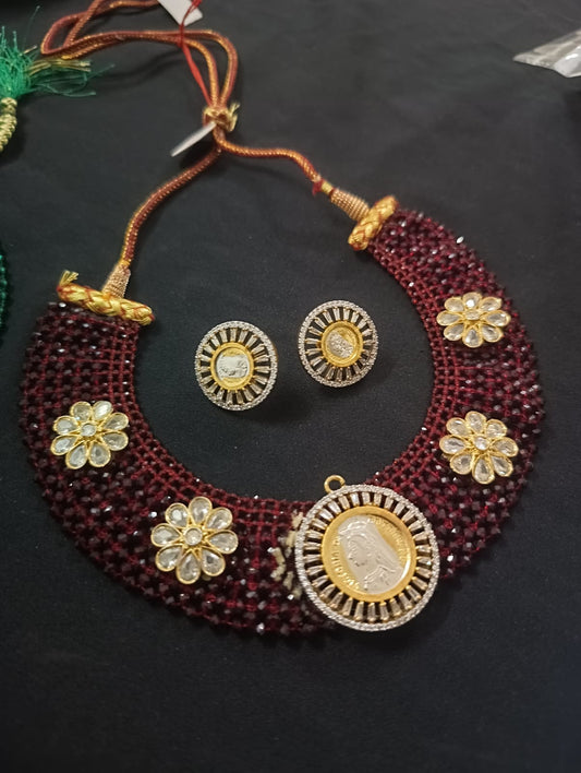 the Zevar Victorian Necklace Set Maroon Royal Victorian Maroon And Green Beaded Kundan Coin Choker Necklace Set with Matching Stud Earrings