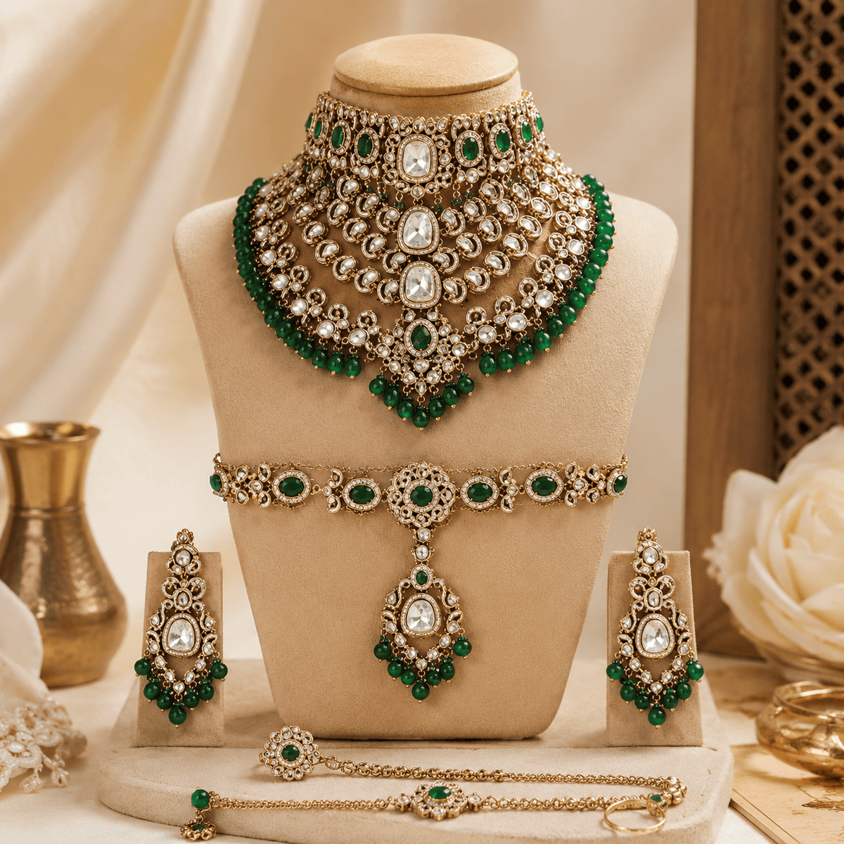 Zevar Bridal Jewellery Set Meherbaani Kundan Polki Bridal Jewellery Set – Emerald Green