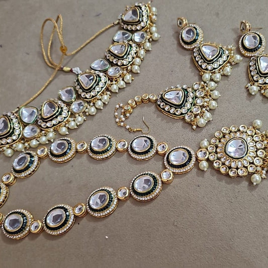 Zevar Bridal jewelry Exquisite Green and White Heavy Kundan Bridal Set - Luxurious Wedding Jewelry