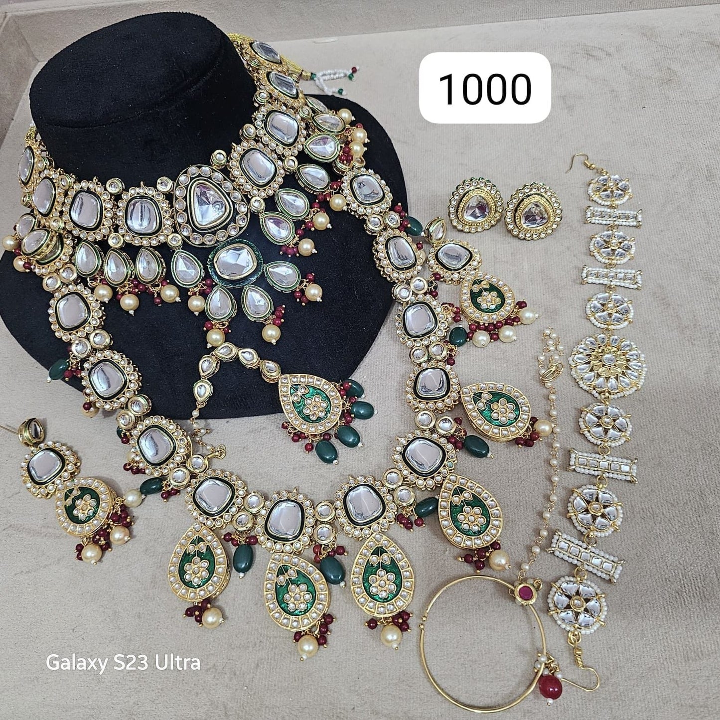 Zevar Bridal Jewelry Set Gold-Plated Kundan and Emerald Bridal Set