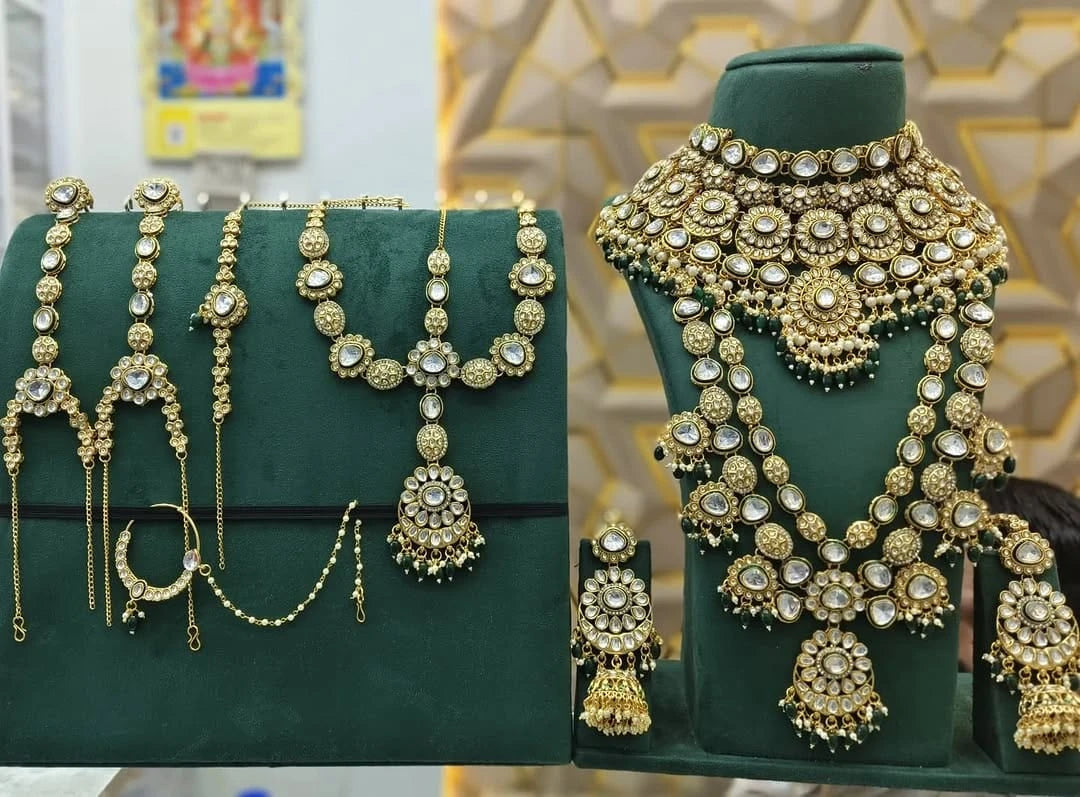 Zevar Bridal Jewelry Set Green Heavy Kundan Bridal Jewelry Set | Zevar Wedding Collection