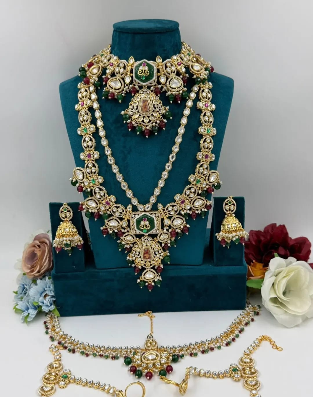 Zevar Bridal Jewelry Set M Green + Maroon Gold Plated Traditional Bridal Jewelry Set | Wedding Collection