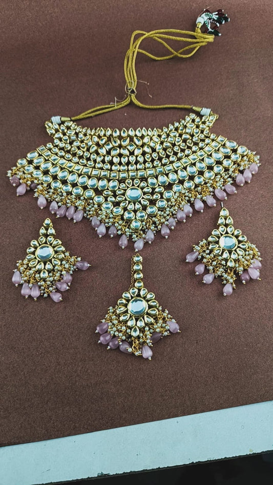 zevar Bridal Jewelry Set Royal Pink Bead Kundan Polki Bridal Choker Set