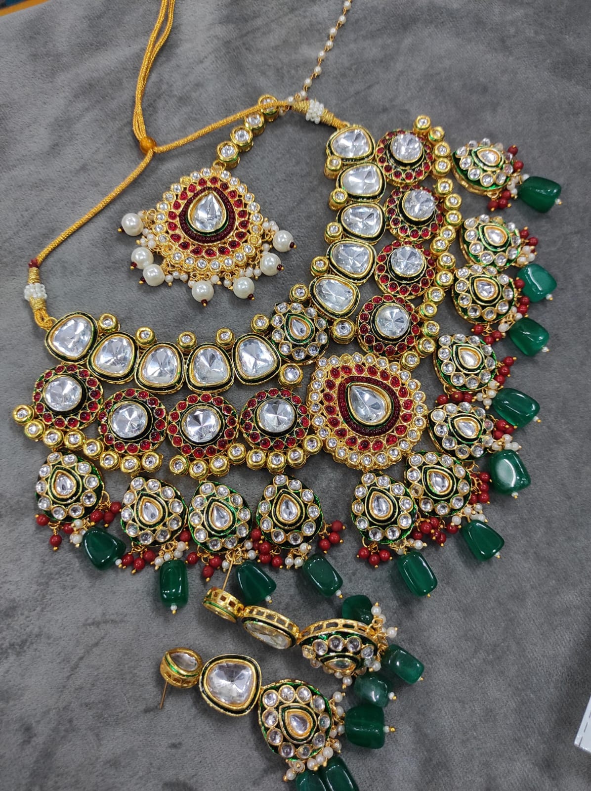 Zevar Bridal Kundan Necklace Set with Green Beads, Red Stones & Earrings