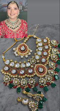 Zevar Bridal Kundan Necklace Set with Green Beads, Red Stones & Earrings