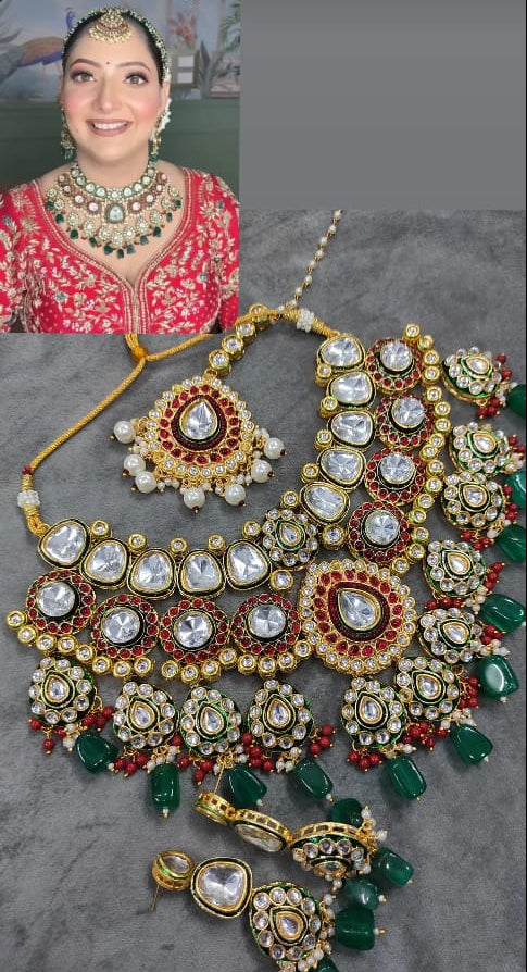 Zevar Bridal Kundan Necklace Set with Green Beads, Red Stones & Earrings