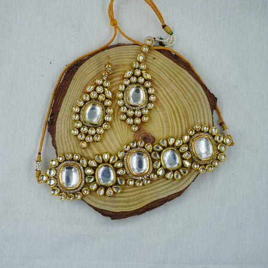 Zevar choker necklace Golden Kundan Necklace with American Diamond Stones - Luxury Jewelry