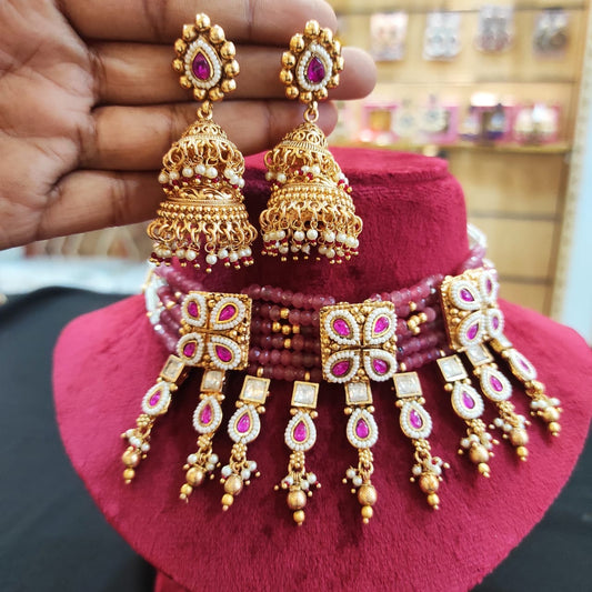 Zevar Choker Necklace Pink Rajwadi Polished Choker Necklace Set – Indian Jewelry with Matching Earrings