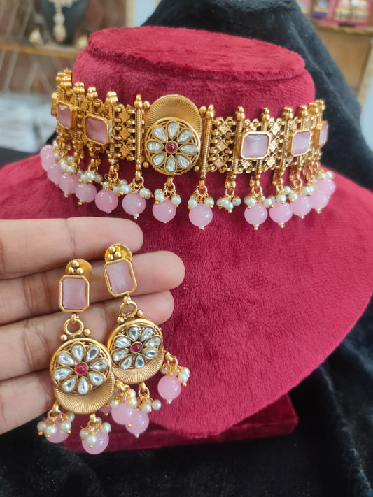 Zevar Choker Necklace Pink Rajwadi Polished Choker Necklace Set – Royal Indian Jewelry