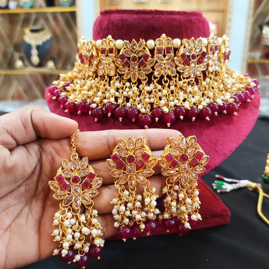 Zevar Choker Necklace Premium Rajwadi Polished Choker Necklace Set – Exquisite Indian Bridal Jewelry